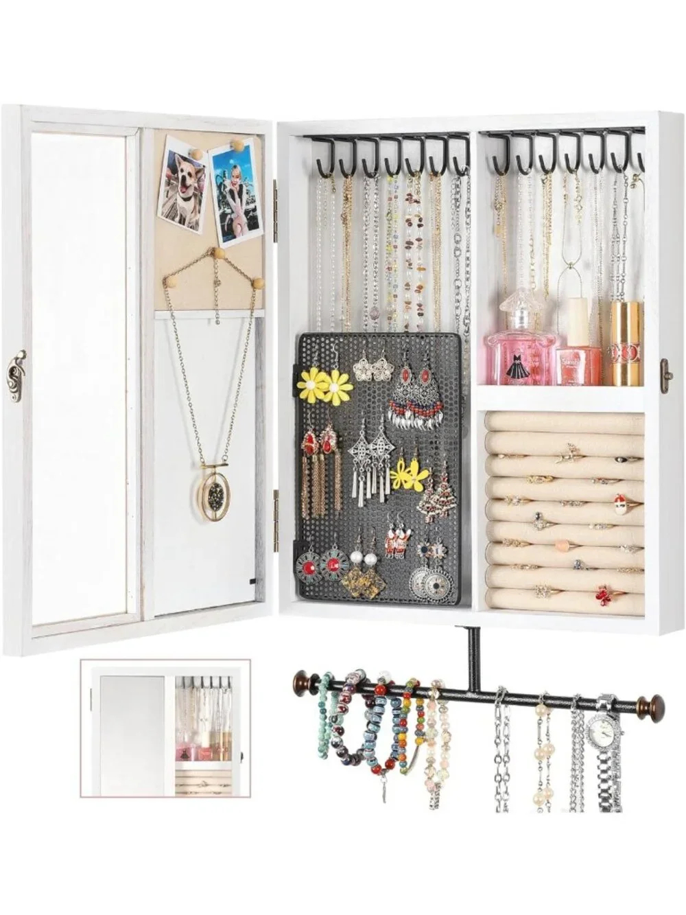 Rustic Wall Jewelry Organizer with Mirror - Large Capacity Storage for